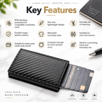 Feature graphic for the slim RFID card holder showing its patterned vegan leather cover and card storage.