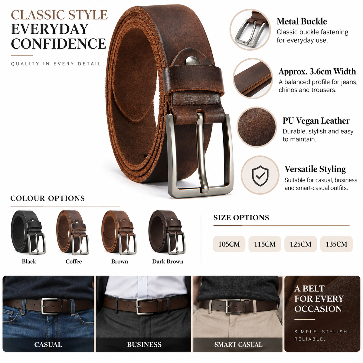 Men’s Genuine Cowskin Leather Belt – Classic Buckle