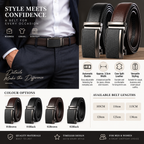 Promotional product graphic for belts showing a man wearing a black belt with a silver buckle, plus four rolled belt color options labeled 01Brown, 01Black, 02Brown, and 02Black. The layout includes feature icons and text such as automatic buckle, adjustable width, cow split leather, and available belt lengths.