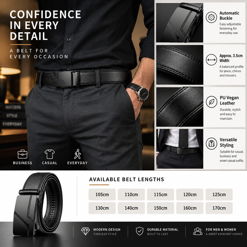 A promotional infographic for a black leather belt, featuring a model wearing the belt, close-up detail shots of the buckle and leather texture, feature callouts, available belt lengths, and product icons on a white and dark gray background.