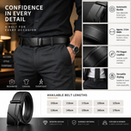 A promotional infographic for a black leather belt, featuring a model wearing the belt, close-up detail shots of the buckle and leather texture, feature callouts, available belt lengths, and product icons on a white and dark gray background.