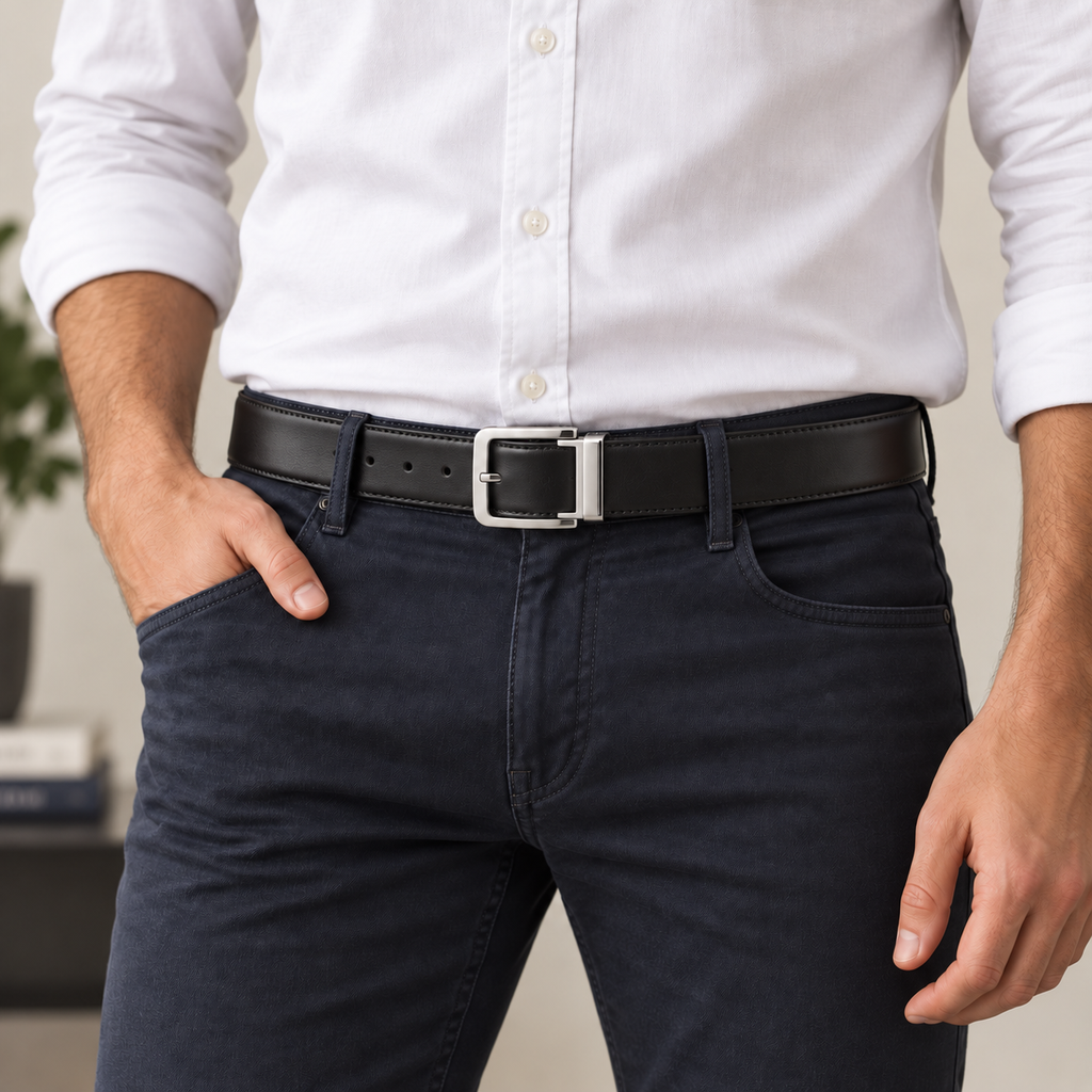 A close-up of a man wearing a black leather belt with a silver buckle, paired with a white button-down shirt and dark navy jeans.
