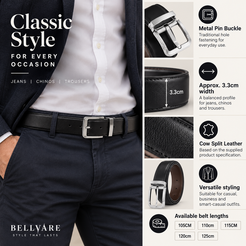 BELLYARE Classic Style men's belt shown worn with a white shirt and dark trousers, alongside feature callouts for metal pin buckle, 3.3cm width, cow split leather, and available belt lengths.