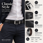 BELLYARE Classic Style men's belt shown worn with a white shirt and dark trousers, alongside feature callouts for metal pin buckle, 3.3cm width, cow split leather, and available belt lengths.