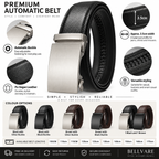 Bellvare premium automatic belt in black PU leather with a silver buckle, shown on a white infographic background with feature callouts, color options, and dimensions.