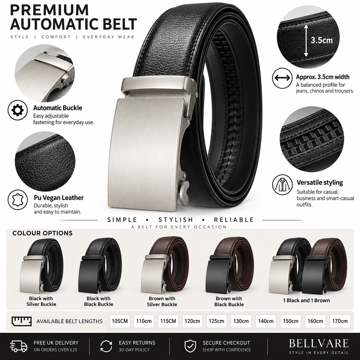 Bellvare premium automatic belt in black PU leather with a silver buckle, shown on a white infographic background with feature callouts, color options, and dimensions.