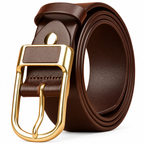 A dark brown leather belt with a polished gold-tone metal buckle, shown coiled on a clean white background.