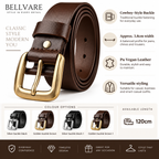 A brown leather belt with a polished gold-tone buckle, shown coiled on a white background with marketing text and feature callouts. The image includes a color options strip at the bottom showing silver buckle black and golden buckle brown variants.