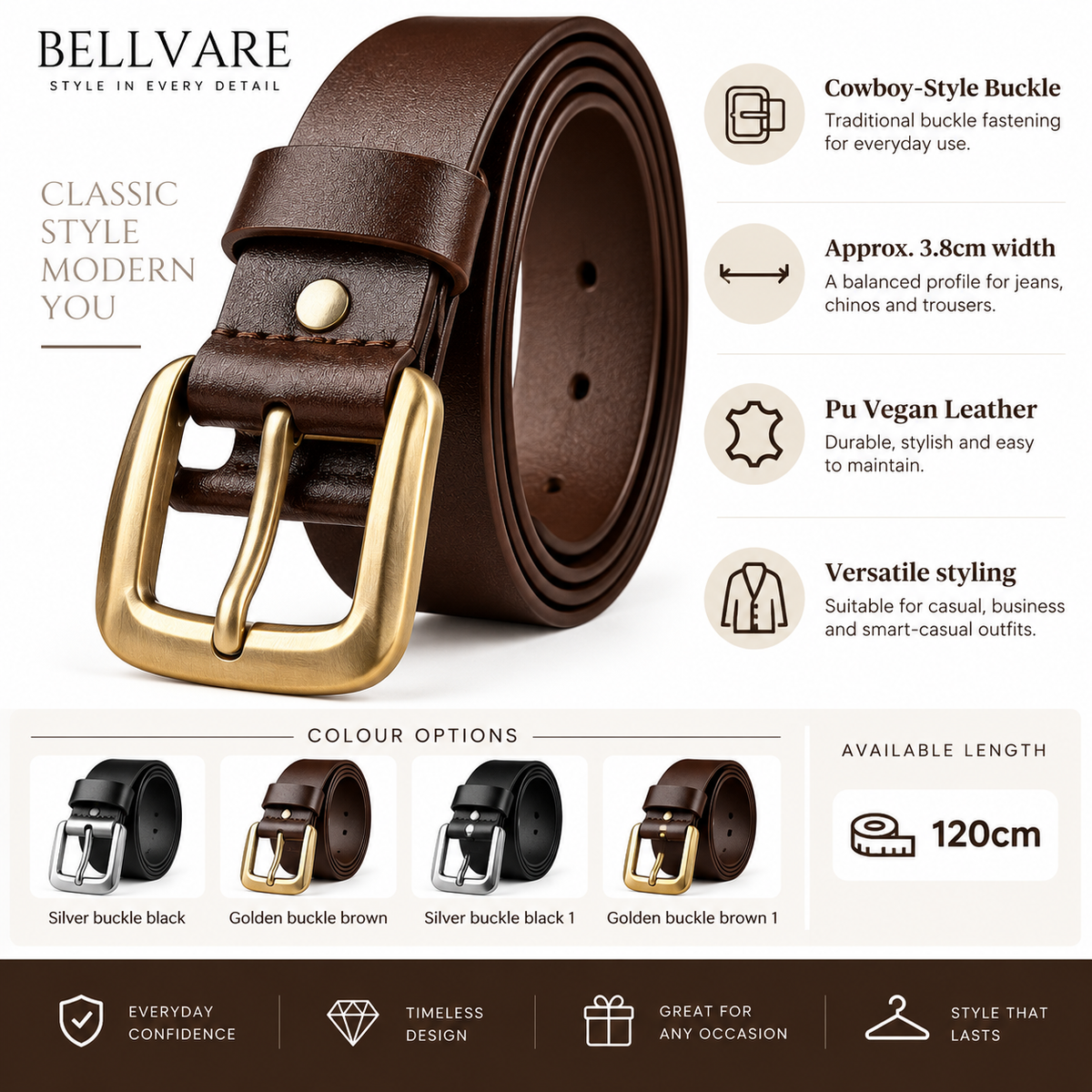 A brown leather belt with a polished gold-tone buckle, shown coiled on a white background with marketing text and feature callouts. The image includes a color options strip at the bottom showing silver buckle black and golden buckle brown variants.