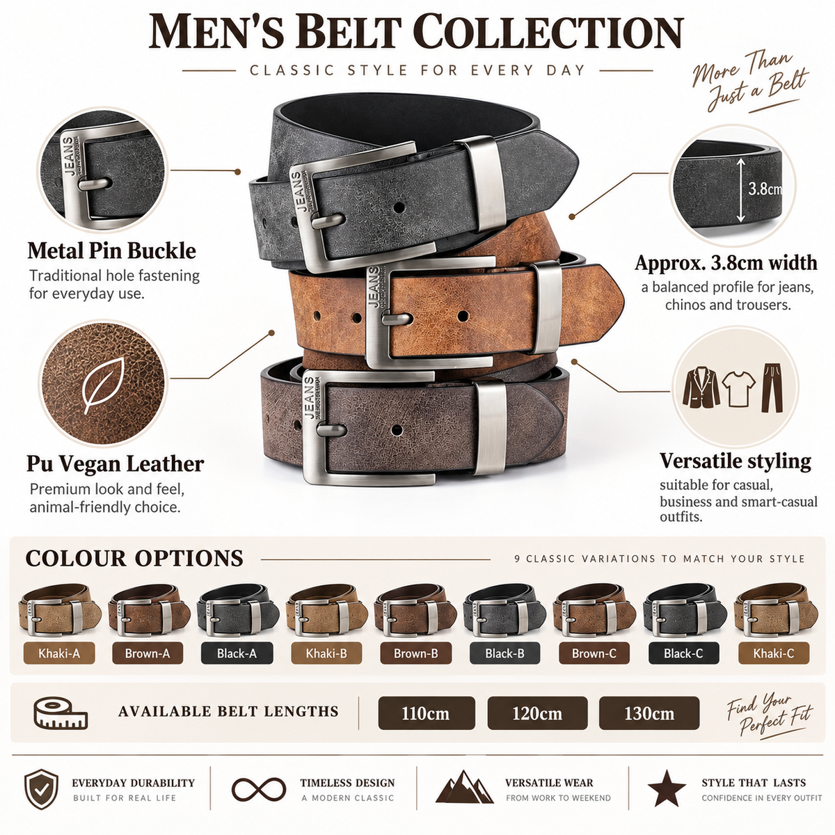 Promotional infographic for a men's belt collection showing three stacked belts in dark gray, medium brown, and tan, with callout labels for metal pin buckle, 3.8cm width, PU vegan leather, and versatile styling.