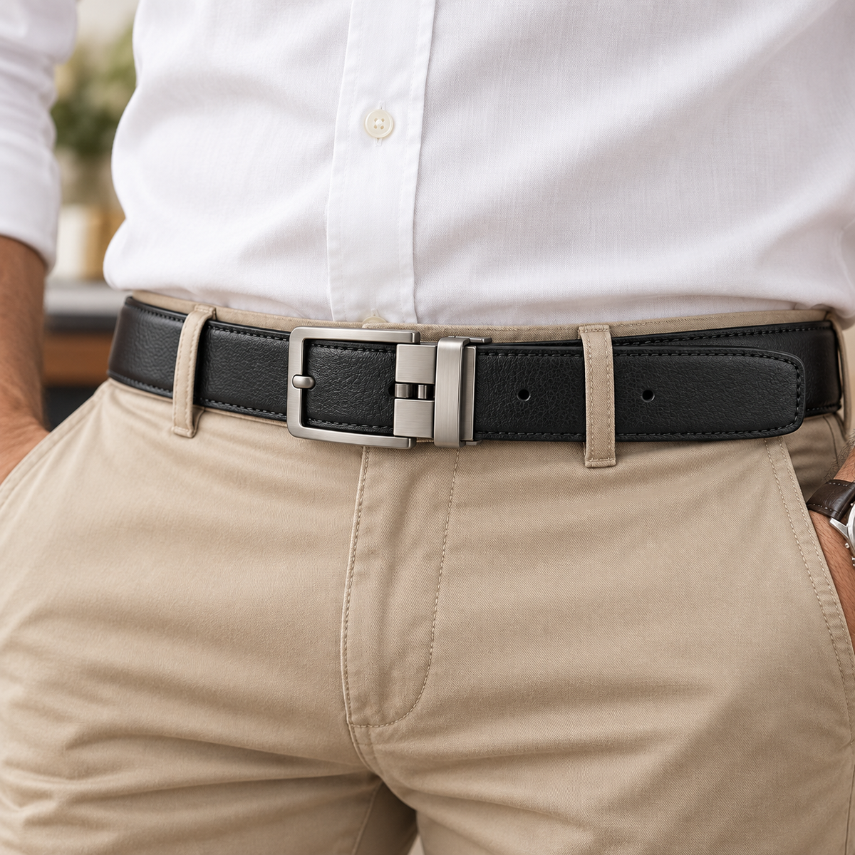 Men’s Cowskin Leather Automatic Buckle Belt – Black & Brown
