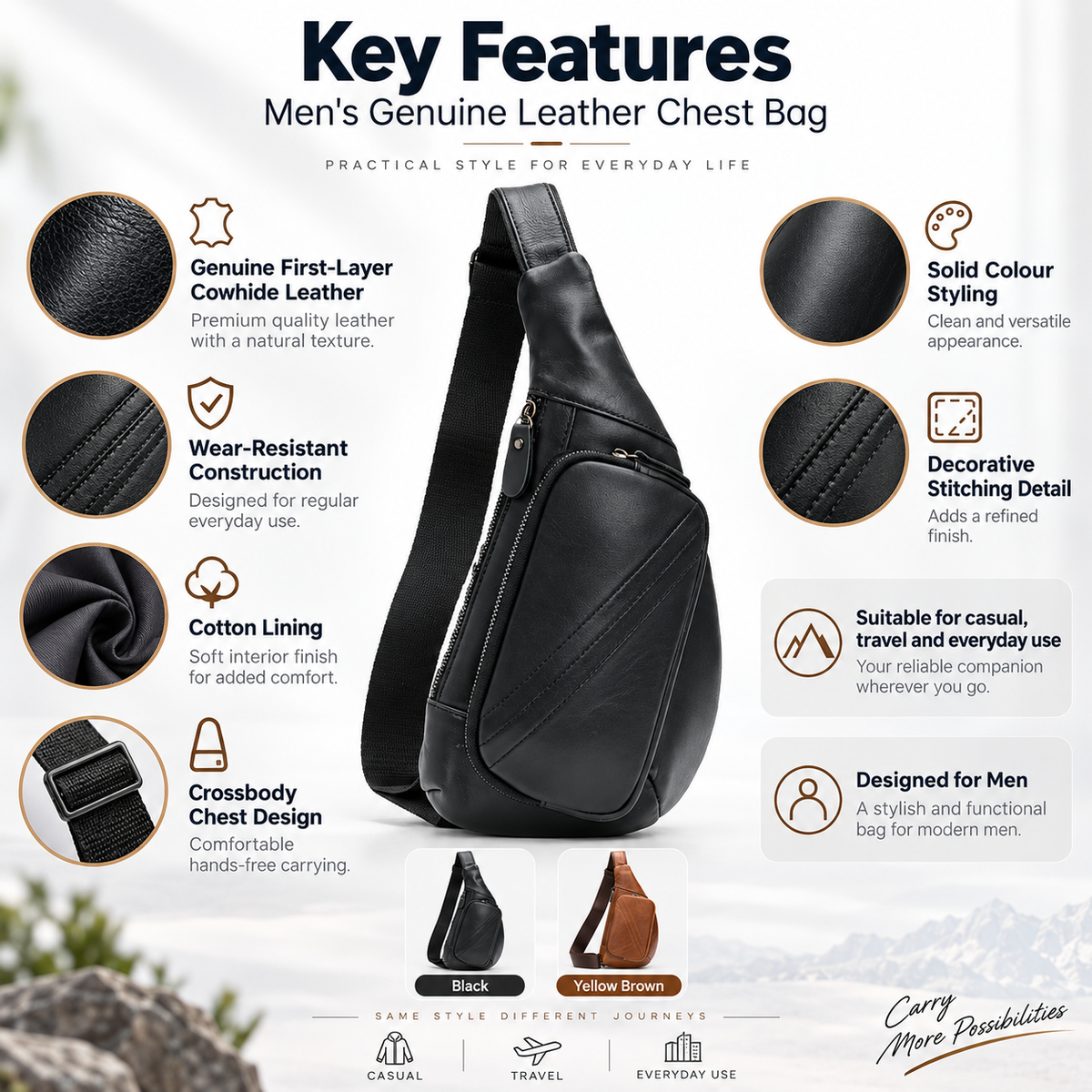 Men’s Genuine Cowhide Leather Crossbody Chest Bag – Casual Sling Shoulder Bag