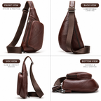 A four-panel product collage showing a brown leather sling bag from multiple angles: front view, back view, side view, and bottom view. Each panel includes a small text label describing the view and key features.