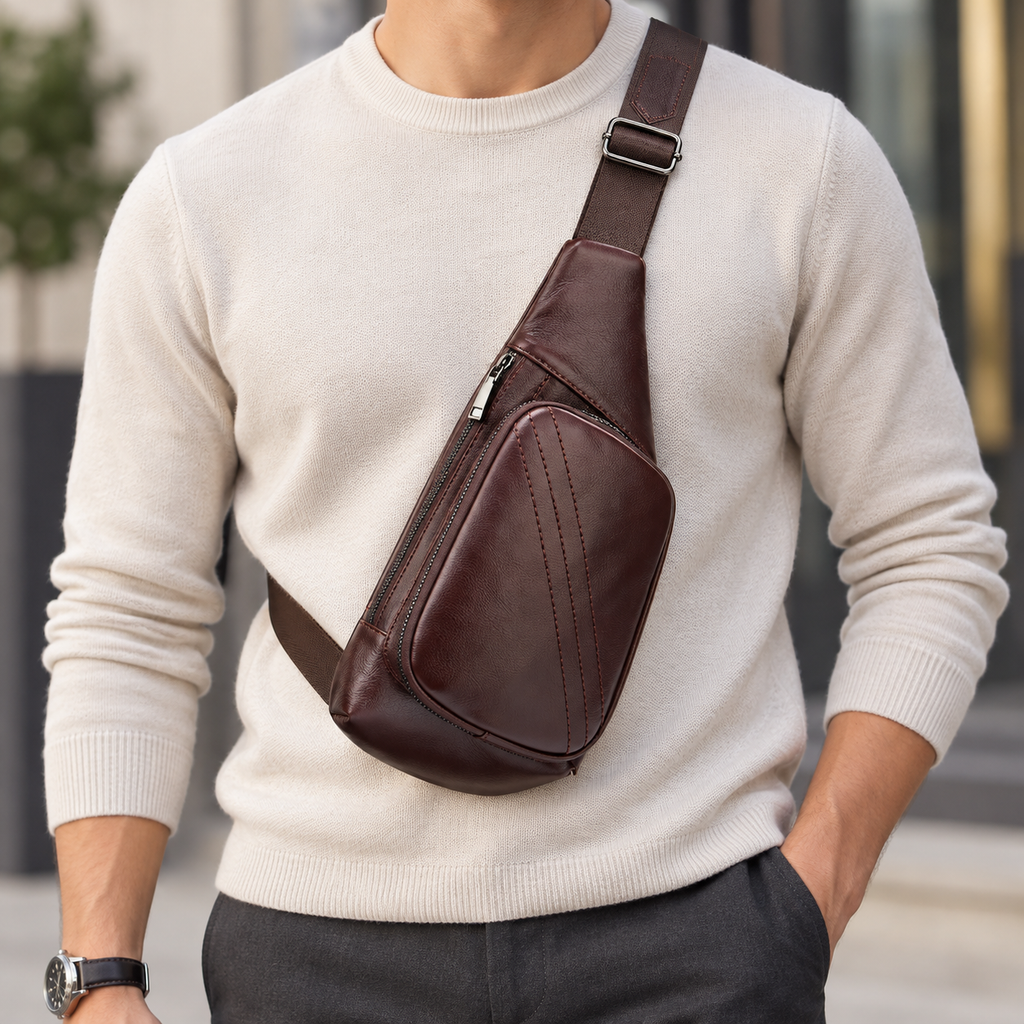 A man wearing a cream-colored knit sweater and dark gray trousers, carrying a dark brown leather sling bag across his chest. The bag features a wide adjustable strap and a front zippered pocket.
