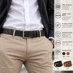 A man wearing a black Bellare belt with a silver buckle over a white dress shirt and khaki trousers, with an informational overlay on the right detailing product features and color options.