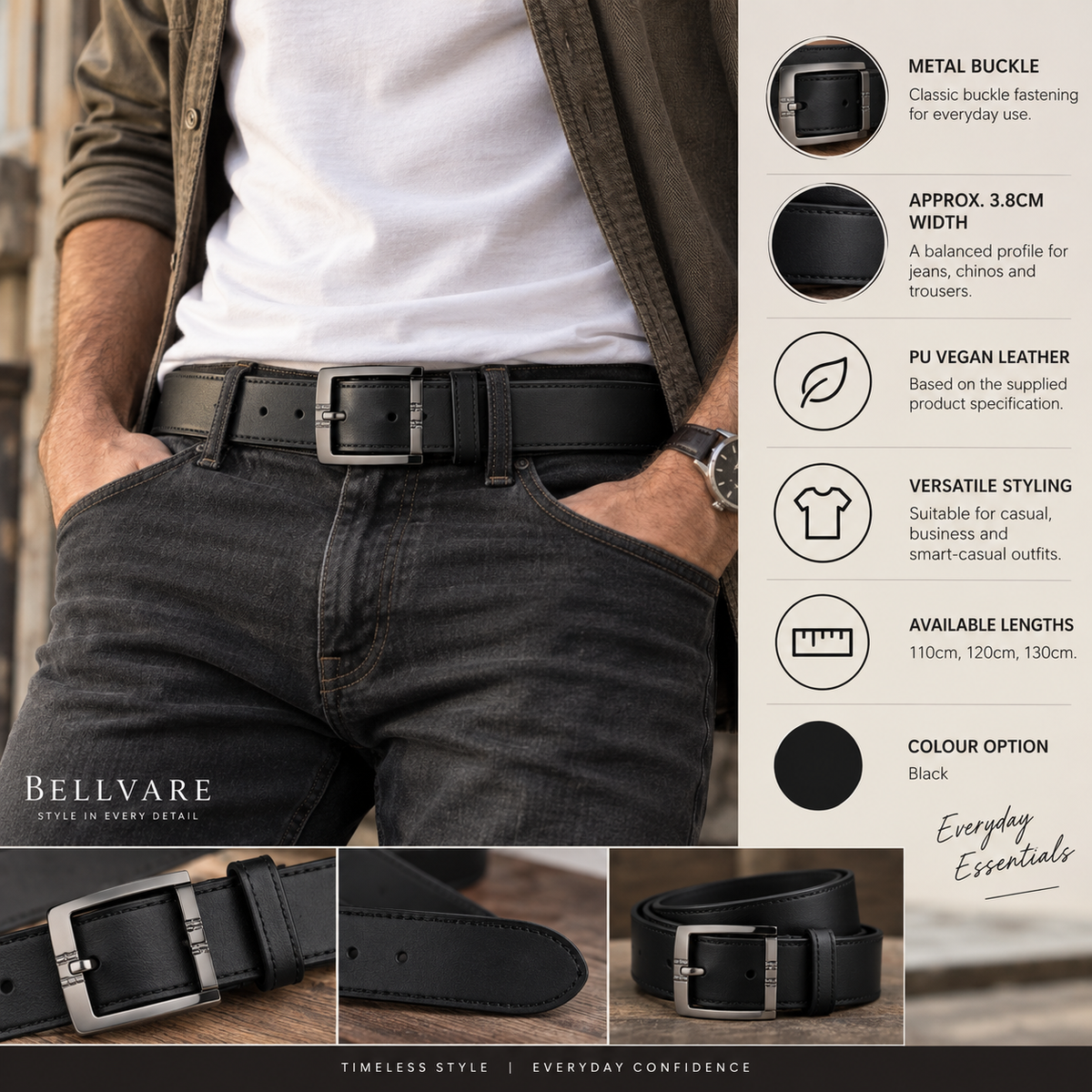 A black Bellvare PU vegan leather belt with a silver-tone metal buckle, shown worn on a model's waist. The image includes a product information panel on the right detailing features like 3.