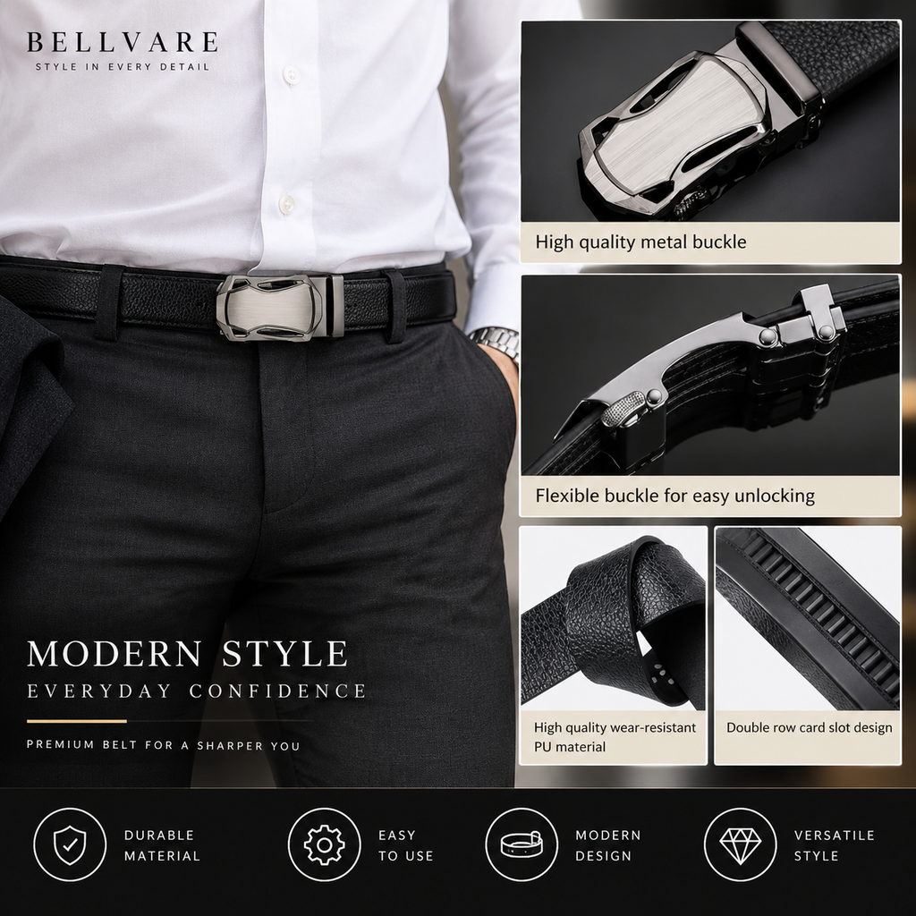 A men's black leather belt with a polished silver-tone metal buckle, shown worn with a white dress shirt and black trousers. The image includes close-up feature callouts highlighting the high-quality metal buckle, flexible buckle design, durable PU material, and modern double-row slot design, branded as Bellvare.