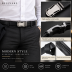 A men's black leather belt with a polished silver-tone metal buckle, shown worn with a white dress shirt and black trousers. The image includes close-up feature callouts highlighting the high-quality metal buckle, flexible buckle design, durable PU material, and modern double-row slot design, branded as Bellvare.