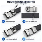 Instruction graphic titled 'How to Trim for a Better Fit' showing a four-step guide: 01 Open the buckle, 02 Cut the belt to size, 03 Insert the strap back, and 04 Lock the buckle. Each step is illustrated with a close-up of a black textured belt and silver metal buckle on a white background.