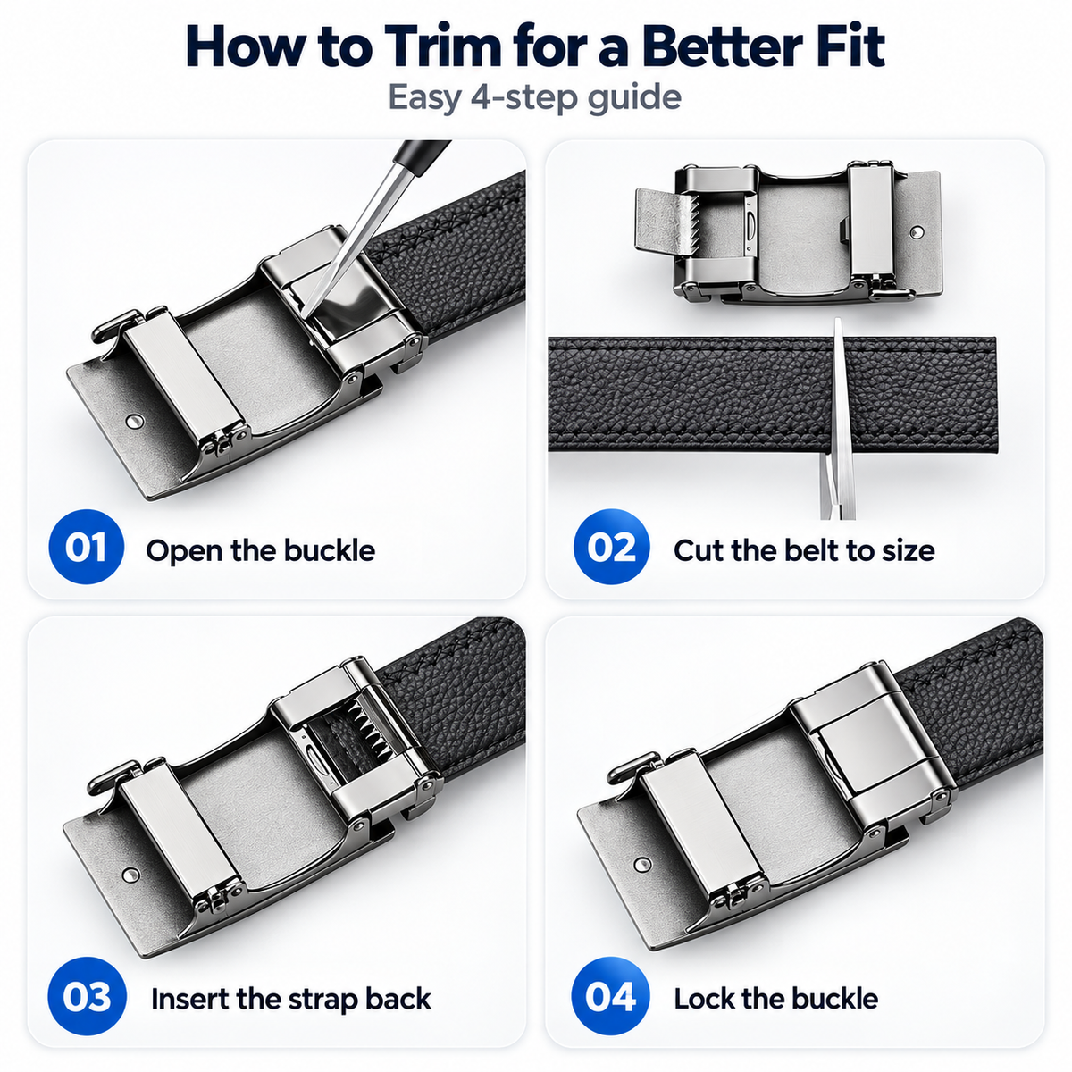 Instruction graphic titled 'How to Trim for a Better Fit' showing a four-step guide: 01 Open the buckle, 02 Cut the belt to size, 03 Insert the strap back, and 04 Lock the buckle. Each step is illustrated with a close-up of a black textured belt and silver metal buckle on a white background.