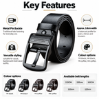 A black leather belt with a metal pin buckle, shown on a white background with feature callouts, color options, and available belt lengths.