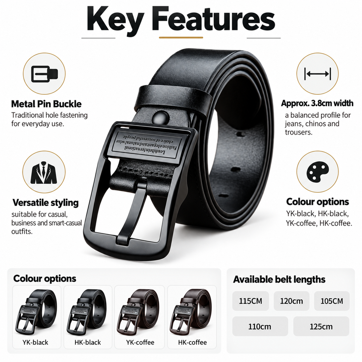 A black leather belt with a metal pin buckle, shown on a white background with feature callouts, color options, and available belt lengths.
