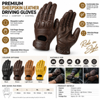 A promotional catalog graphic for premium sheepskin leather driving gloves. The top half features a large, detailed view of a brown glove with feature callouts.