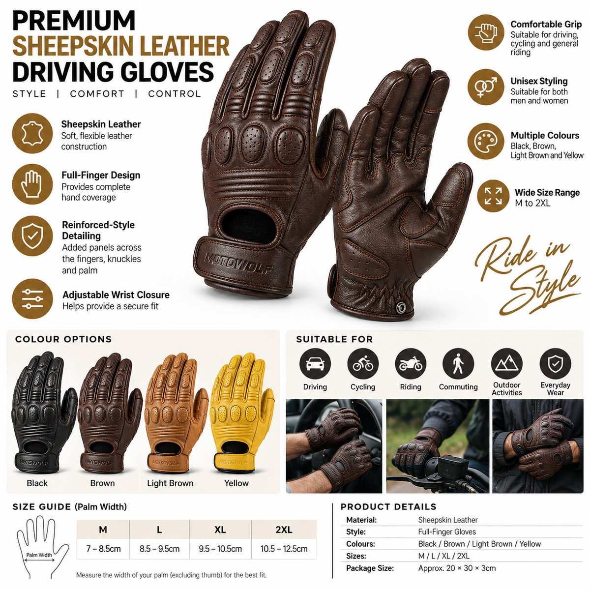 A promotional catalog graphic for premium sheepskin leather driving gloves. The top half features a large, detailed view of a brown glove with feature callouts.