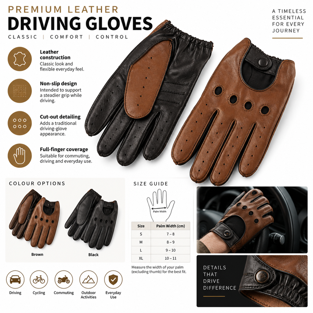 A promotional product graphic for premium leather driving gloves. The main area shows two gloves laid flat, one black and one brown, with marketing text and icons on the left, color options at the bottom left, a size guide with a hand and measurement table in the center, and a detail inset at bottom right.