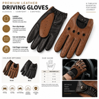 A promotional product graphic for premium leather driving gloves. The main area shows two gloves laid flat, one black and one brown, with marketing text and icons on the left, color options at the bottom left, a size guide with a hand and measurement table in the center, and a detail inset at bottom right.