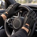 Black leather driving gloves with perforated details and wrist straps, worn on a driver's hands while steering a car wheel.