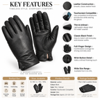 Black leather full-finger gloves shown on a white background with feature callouts, size information, and product details. The image includes a large pair of gloves, circular detail insets, and a bottom panel with sizing, use cases, and package contents.