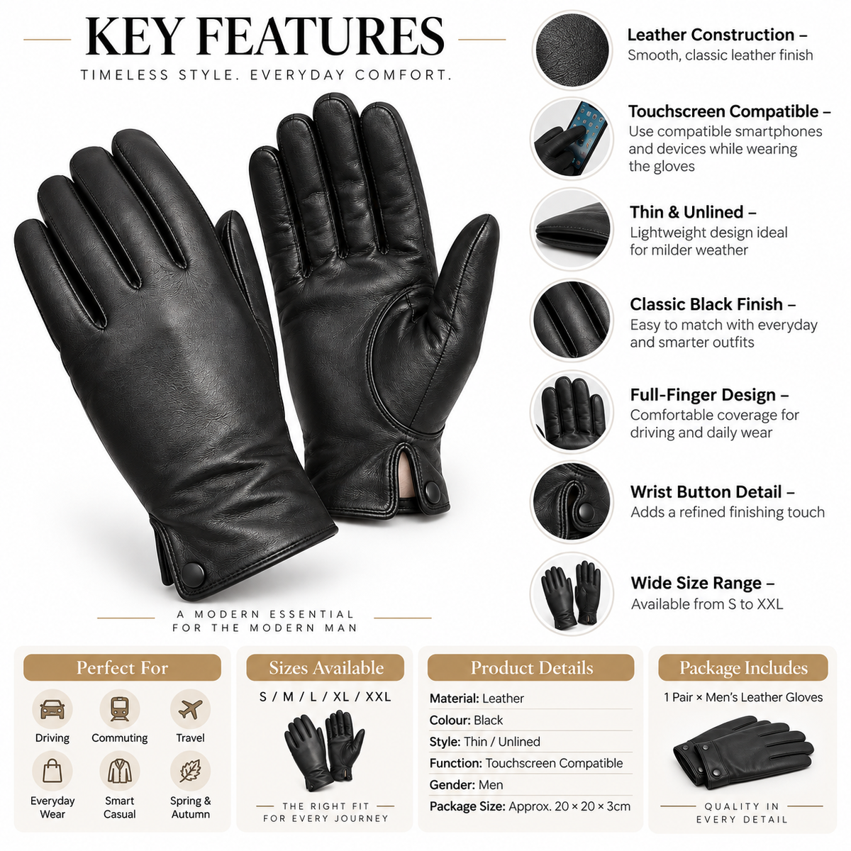 Black leather full-finger gloves shown on a white background with feature callouts, size information, and product details. The image includes a large pair of gloves, circular detail insets, and a bottom panel with sizing, use cases, and package contents.
