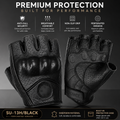Black perforated fingerless gloves shown from multiple angles on a dark promotional background, with text highlighting features such as anti-fall security, breathable comfort, non-slip grip, and perforated version. Brand name 'OMY' is visible on the glove.