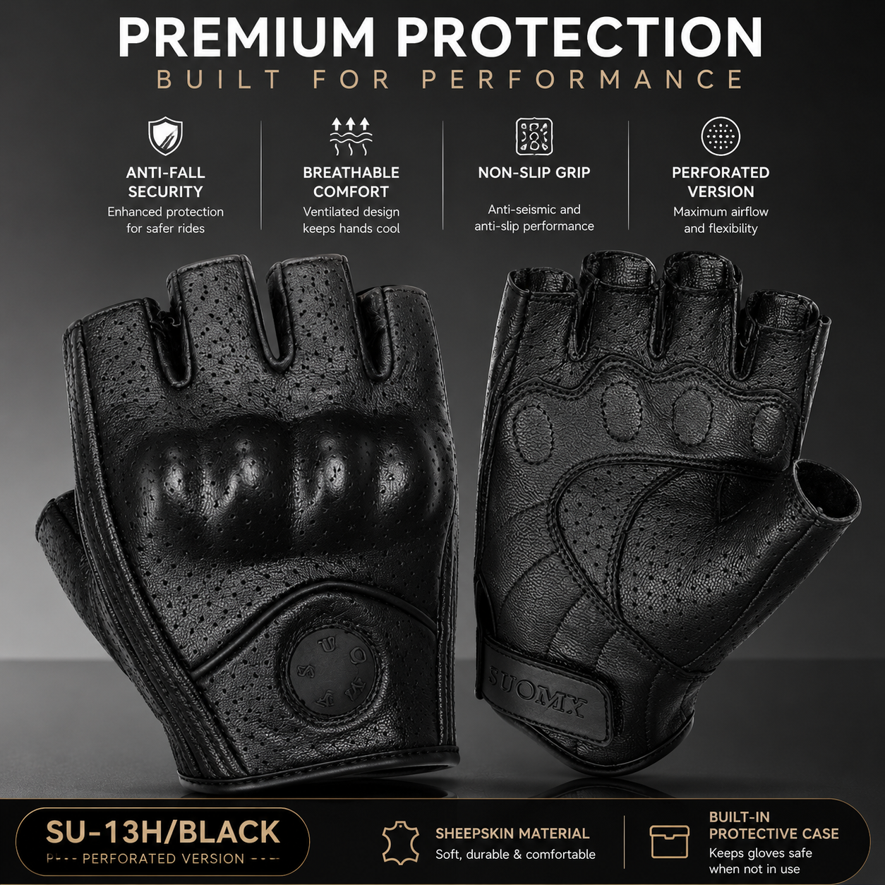 Black perforated fingerless gloves shown from multiple angles on a dark promotional background, with text highlighting features such as anti-fall security, breathable comfort, non-slip grip, and perforated version. Brand name 'OMY' is visible on the glove.