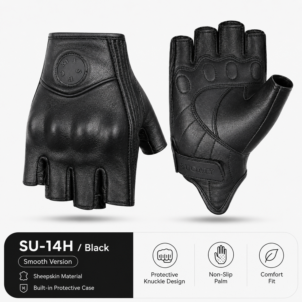 A pair of black fingerless leather gloves shown from both the palm and back-of-hand views on a light gray background, with a black informational banner at the bottom featuring the text 'SU-14H / Black' and feature icons.