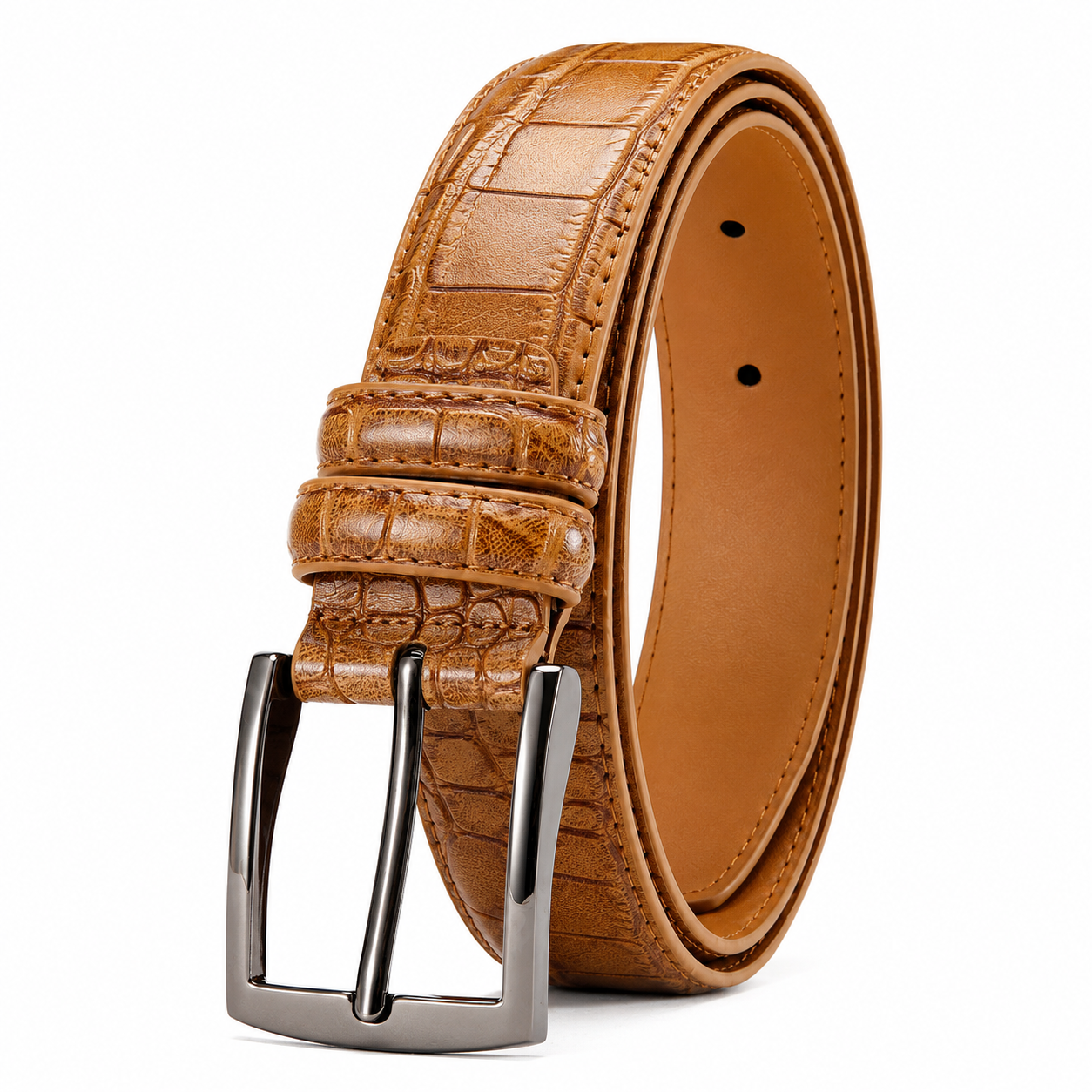 A rolled brown leather belt with an embossed crocodile pattern and a polished silver-tone metal buckle, shown on a clean white background.