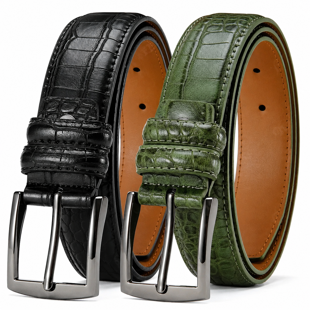 Two rolled leather belts with a crocodile-embossed texture, one black and one green, with silver-tone metal buckles and tan interiors, shown on a white background.