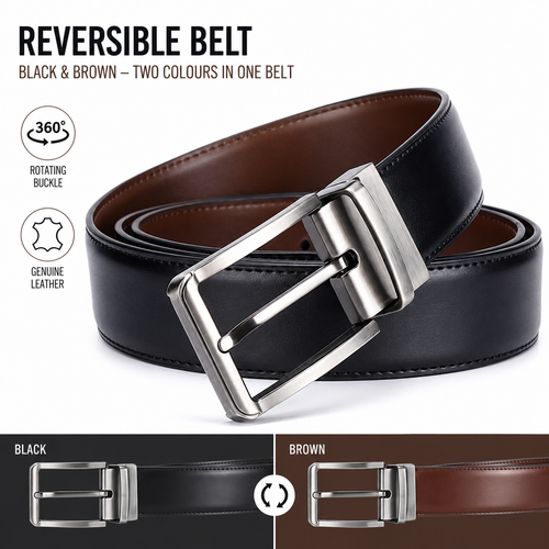 Bellvare Mens Genuine Leather Reversible Belt Black Brown Rotating Buckle