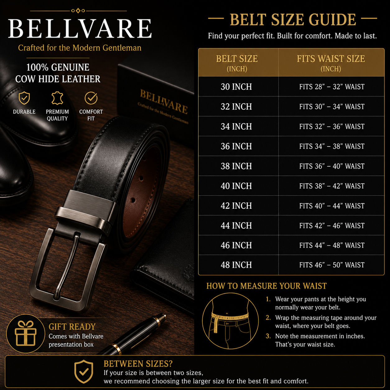 Bellvare Mens Genuine Leather Reversible Belt Black Brown Rotating Buckle