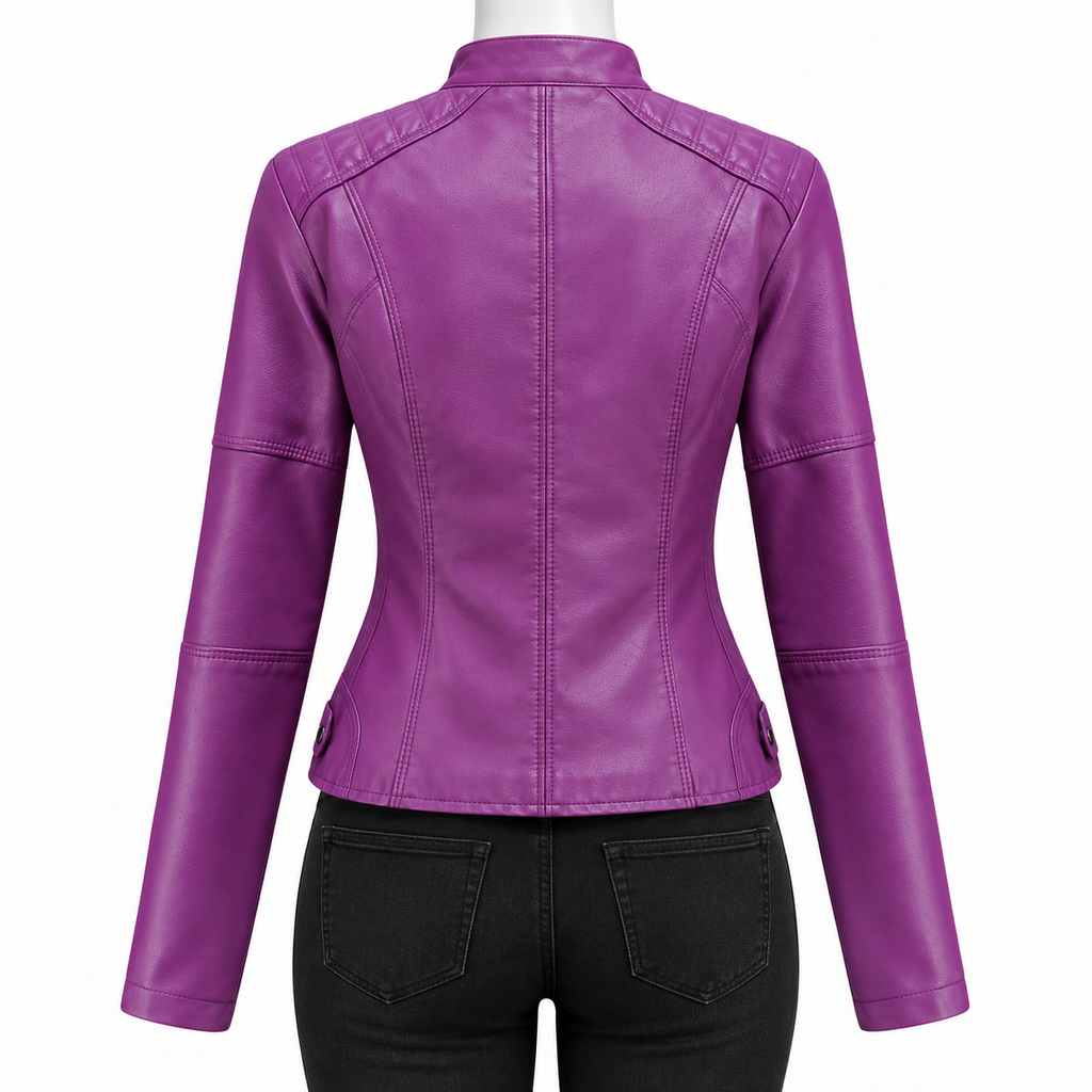 Purple - A purple faux leather jacket with a stand collar, shown from the back on a mannequin wearing black jeans against a plain white background.