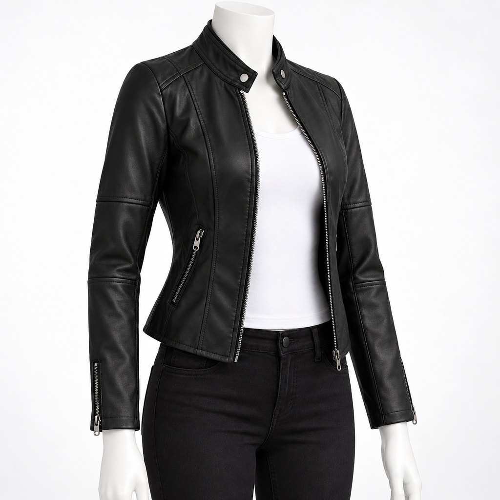 Black - A black faux-leather moto jacket with an asymmetrical zipper and stand collar, shown on a white mannequin torso wearing a white top and black jeans against a white studio background.