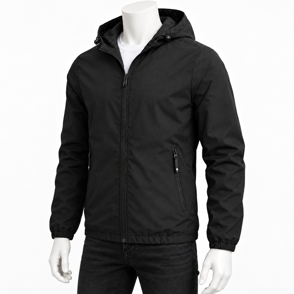 Black - A black hooded zip-up jacket displayed on a white mannequin torso, paired with dark jeans against a plain white studio background.