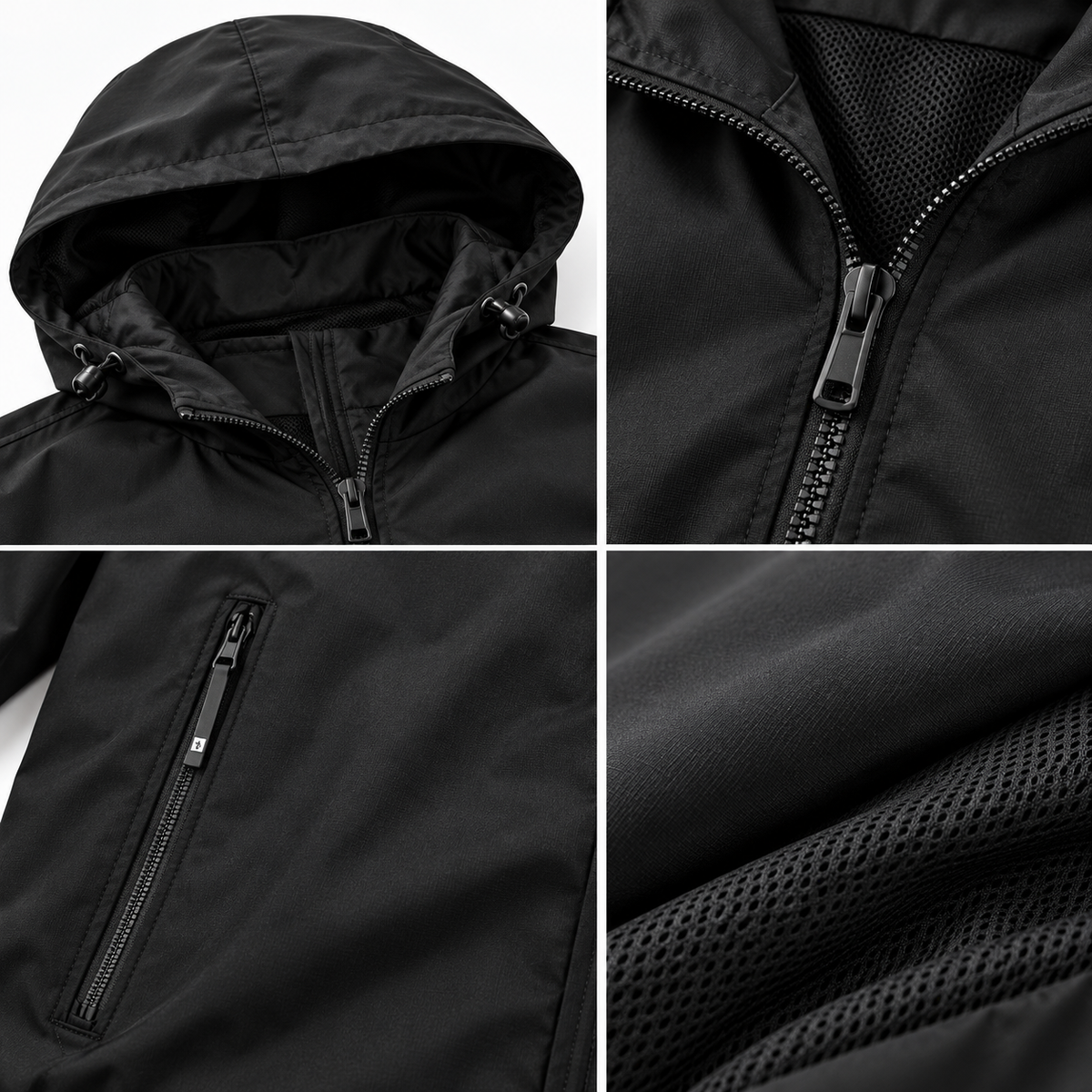 Black - A four-panel close-up collage of a black hooded jacket, showing the hood, front zipper, side zip pocket, and textured mesh fabric details.