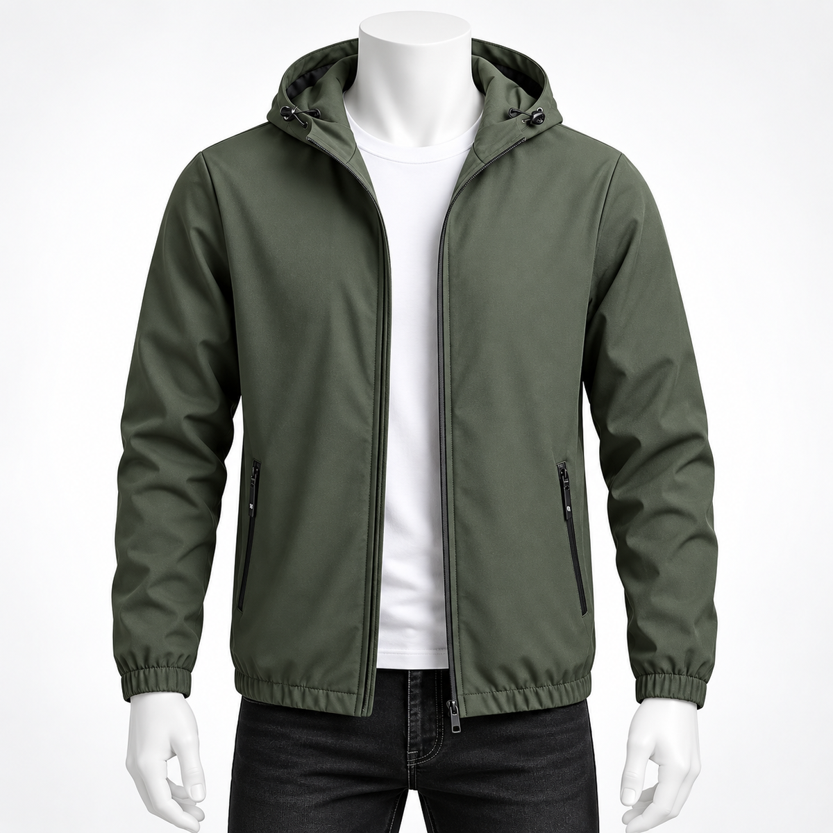 Green - An olive green hooded jacket displayed on a white mannequin torso, worn over a white t-shirt and black jeans against a plain white background.
