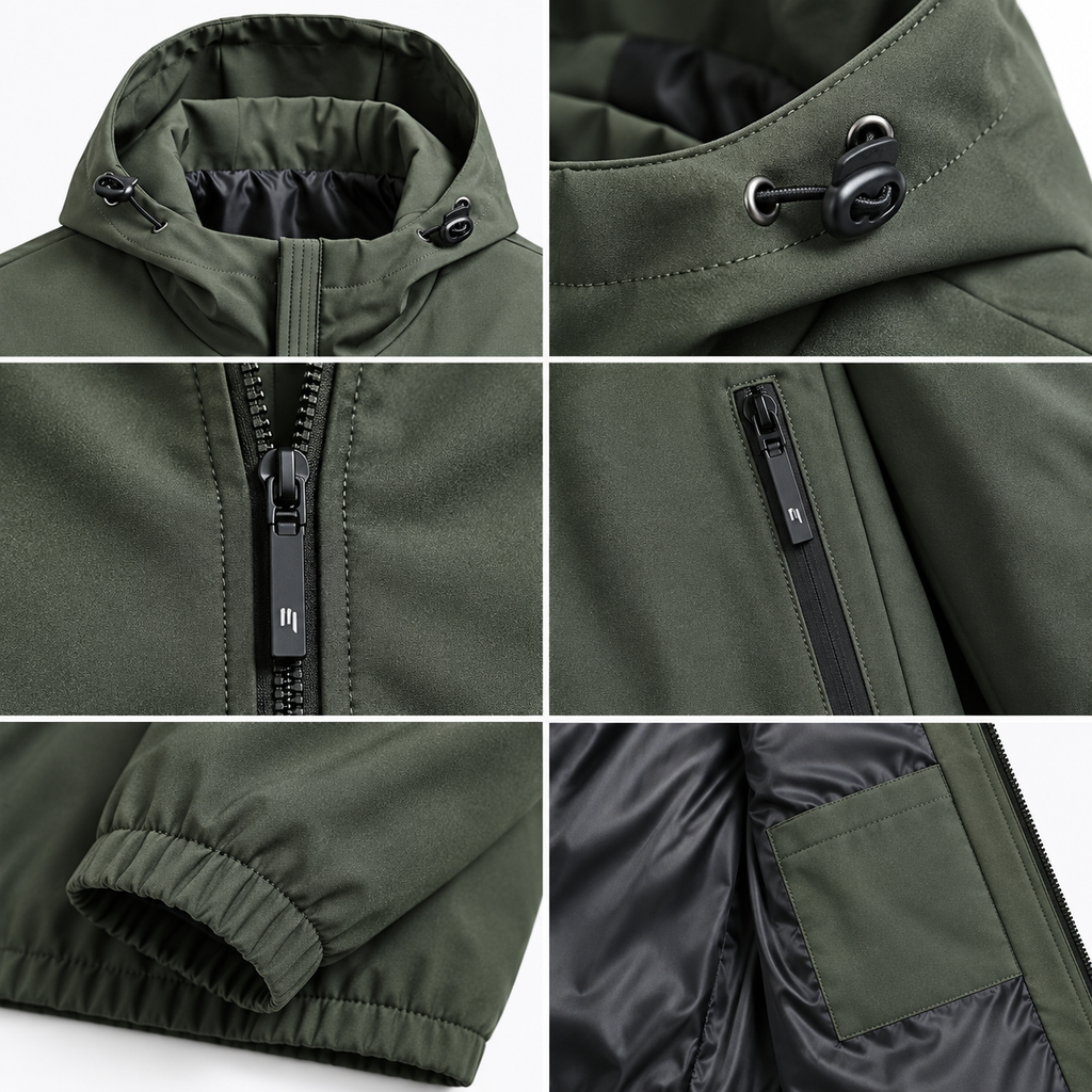 Green - A six-panel close-up collage of an olive green hooded jacket, showing the hood with black drawstrings, the front zipper, the sleeve cuff, and the black quilted inner lining.