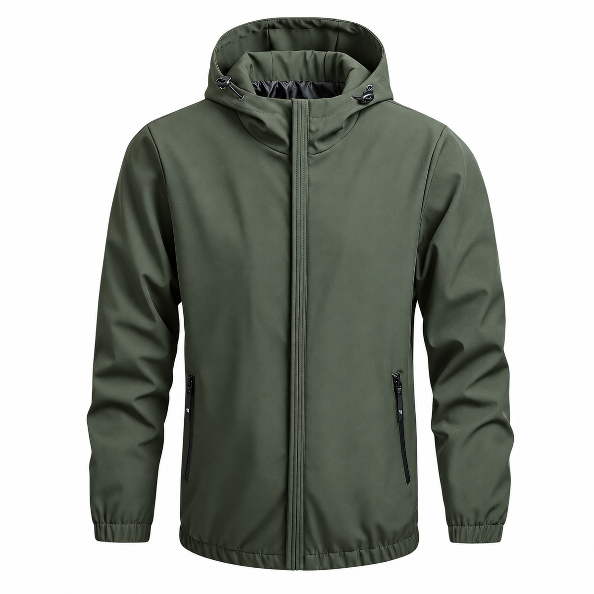 Green - An olive green hooded jacket with a full front zipper, two vertical zippered pockets on the sides, and elastic cuffs, shown on a plain white background.