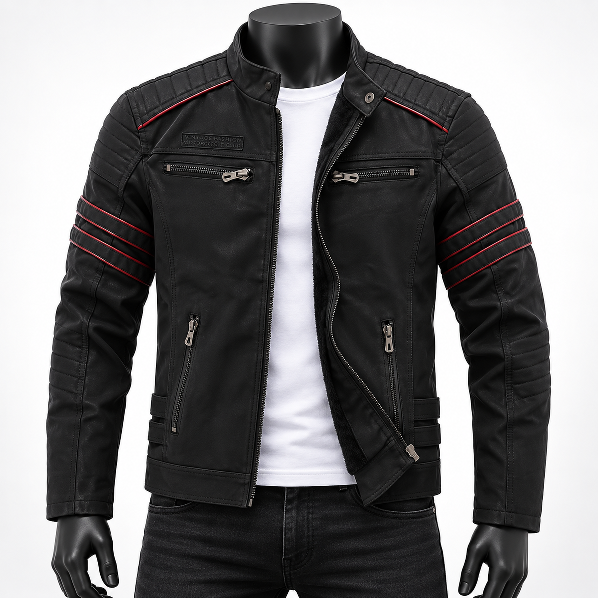 Black Grey - A black faux leather motorcycle jacket with red contrast stitching details on the shoulders, sleeves, and front, displayed on a black mannequin torso over a white t-shirt and black jeans.