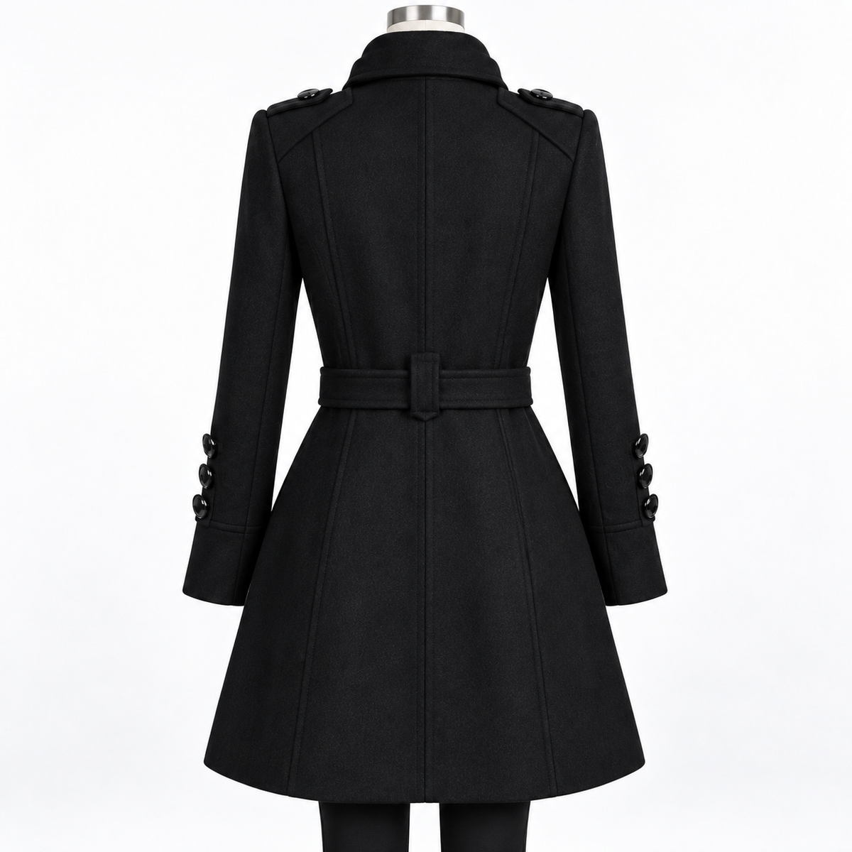 Black - A black mid-length coat displayed on a mannequin from the back, featuring shoulder epaulets, a matching waist belt, and decorative buttons on the cuffs, set against a plain white background.