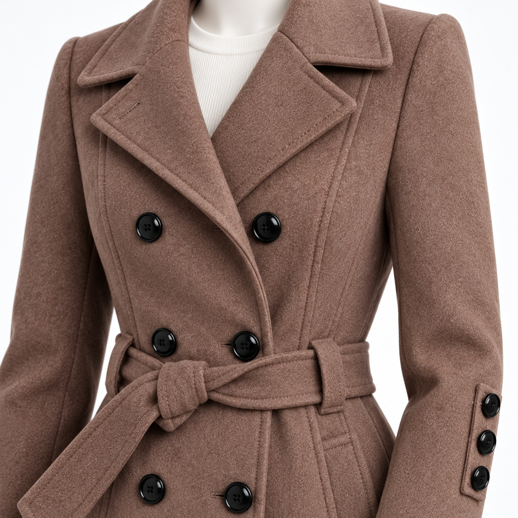 Coffee - A close-up of a brown double-breasted belted coat on a mannequin, featuring black buttons and a white ribbed top visible at the neckline.